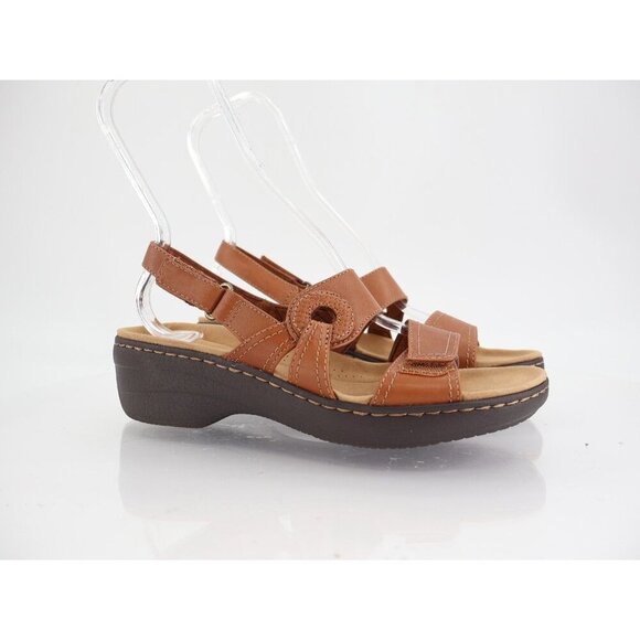 Clarks Merliah Bonita Sandal Women's Size 9 Narrow Brown Strappy Low Wedge - Picture 1 of 13